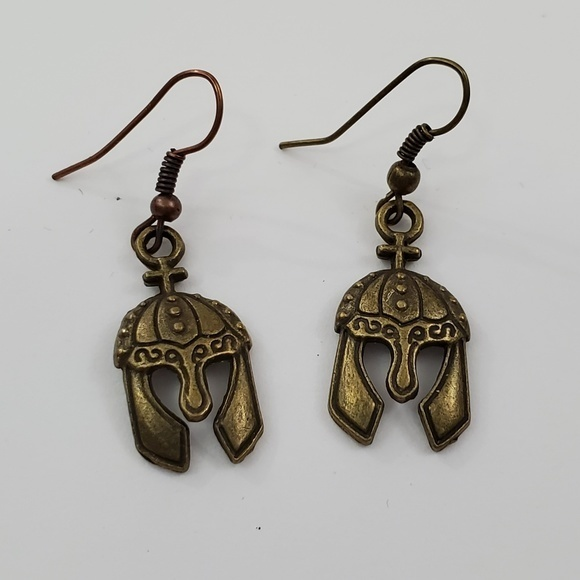 Roman Helmet Earrings Gladiator Dangle Charm Cros - Picture 1 of 6